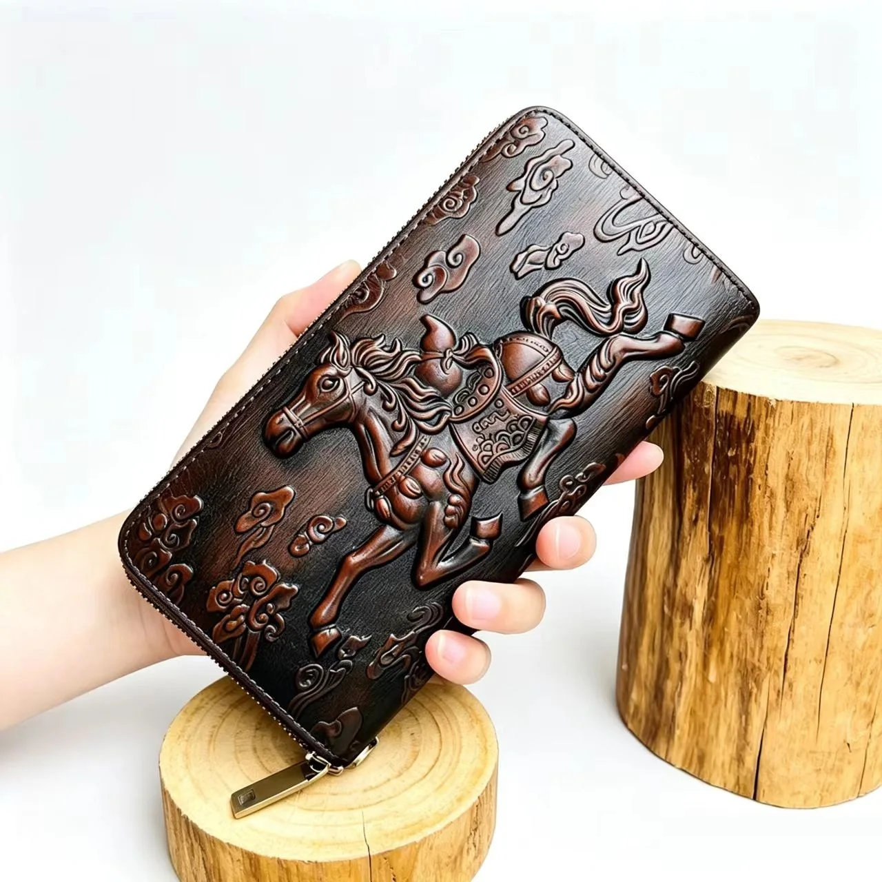 3D Embossed Horse Genuine Leather Purse  Long Retro Cow leather Wallet Brown Multifunctional Zipper Clutch Unique Gift for Men