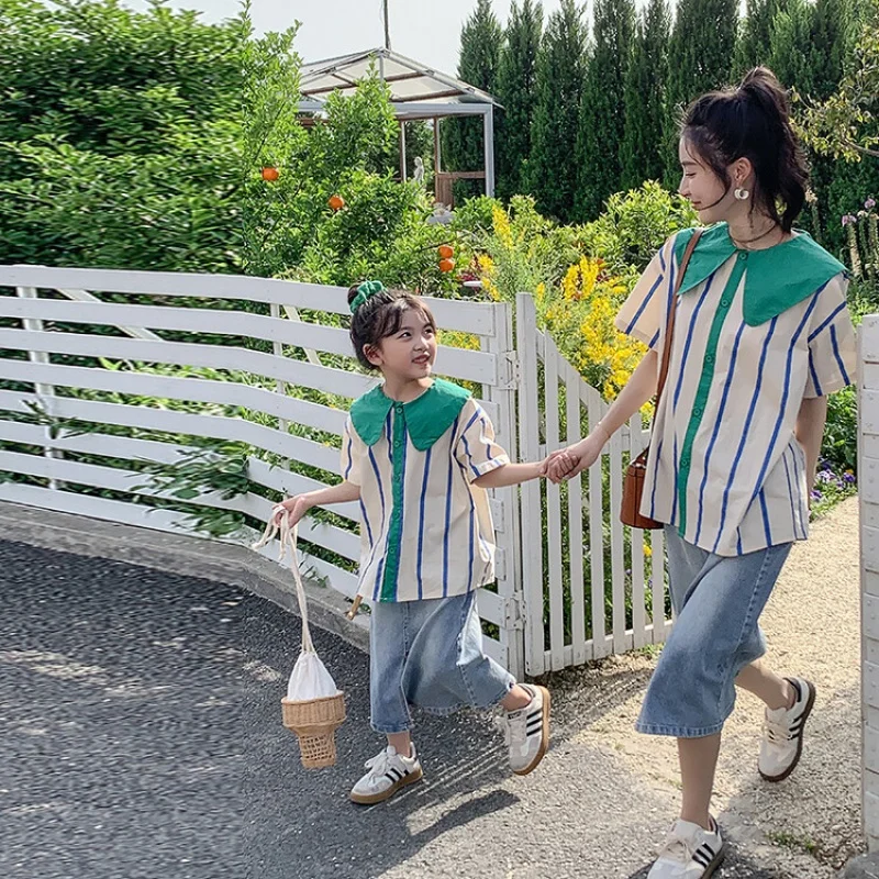 

Mom and daughter dress 2023 New in Family matching clothes Summer Striped doll collar shirt Denim skirt Kids Clothes Girls