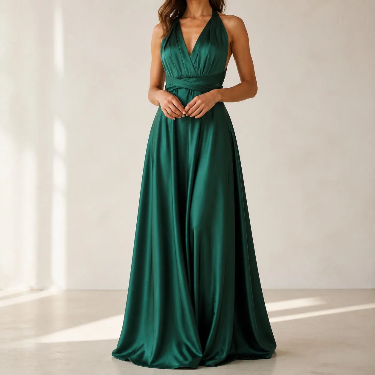 Women's Summer Wedding Guest Dress: Elegant A-Line V Neck Spaghetti Strap Satin Long Party Dress for Prom & Wedding Party