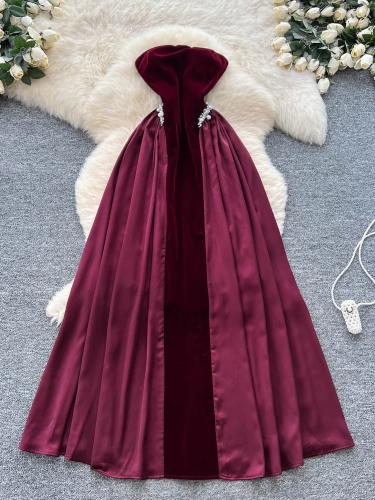 

Elegant Velvet Draped Gown with Diamond Embellishment for Women High Waist A-Line Dress Suitable for Autumn And Party
