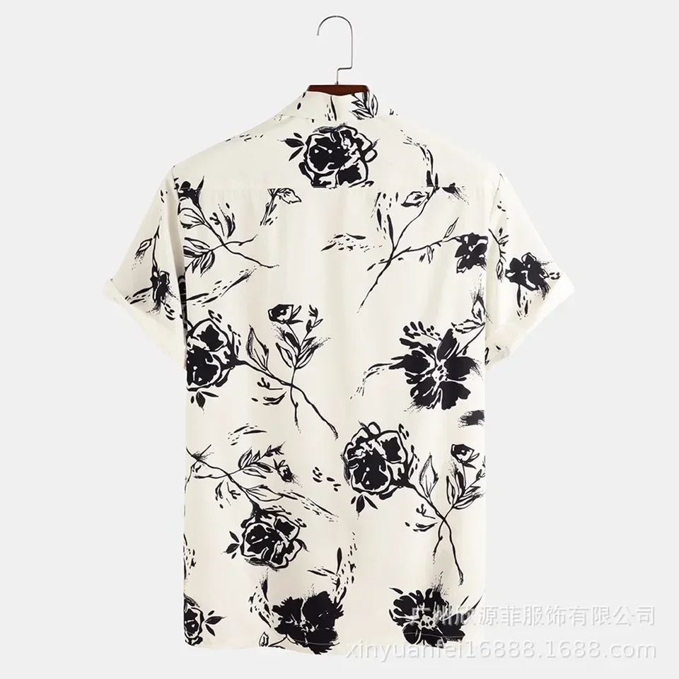 2024 Japan and South Korea New Short-sleeved Individual Young Men's Shirts Hot Beach Shirts Printed Hawaiian Casual Men's Shirts