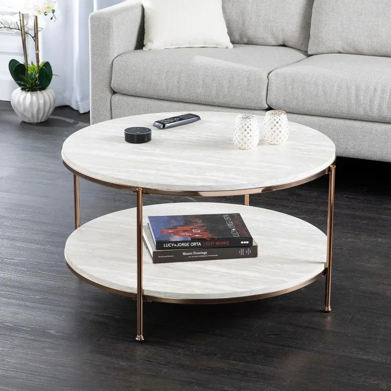 home.Southern Enterprises Silas Round Faux Stone Cocktail Coffee Table, gold, 33.25 in x 33.25 in x 18.5 in