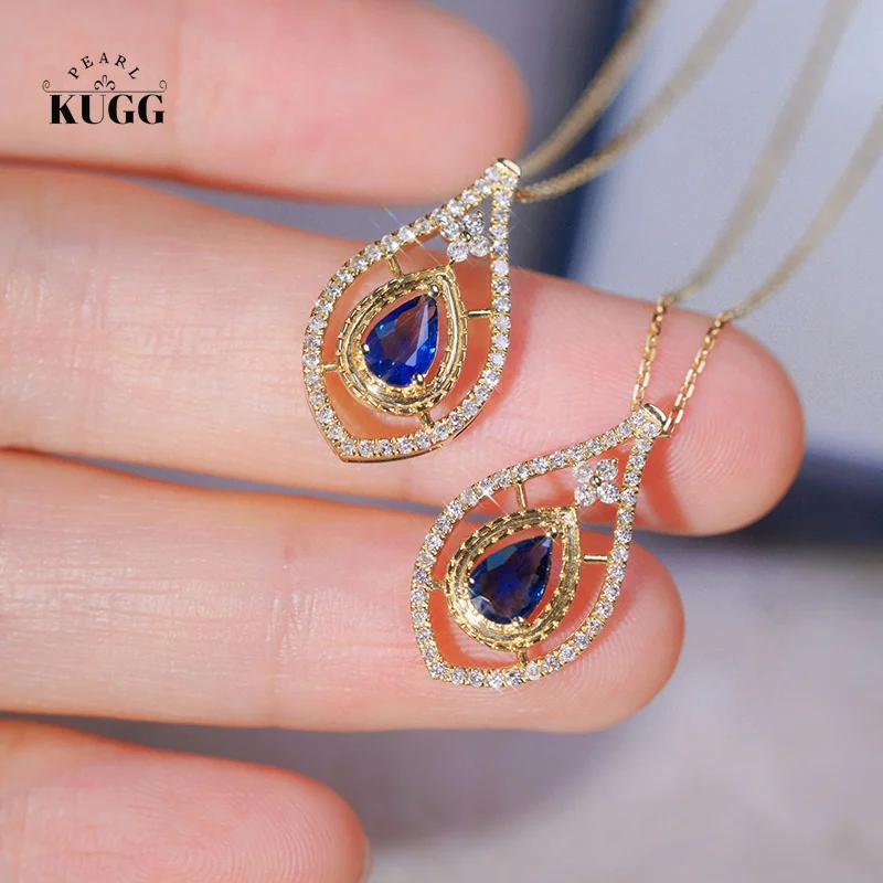 

KUGG 18K Yellow Gold Necklace Vintage Palace Design Natural Sapphire Luxury Diamond Pendant Necklace for Women Christmas Gift