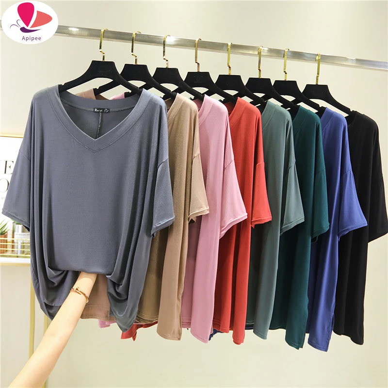 Korean Style Summer Thin Loose Half Sleeve T Shirt Women's  Slimming V-neck Shirt Solid Color Modal Bottoming T-Shirts