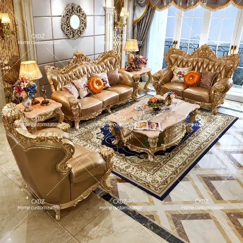 European-style villa luxury leather sofa living room combination 2022 new high-end high-end luxury atmospheric carved crown
