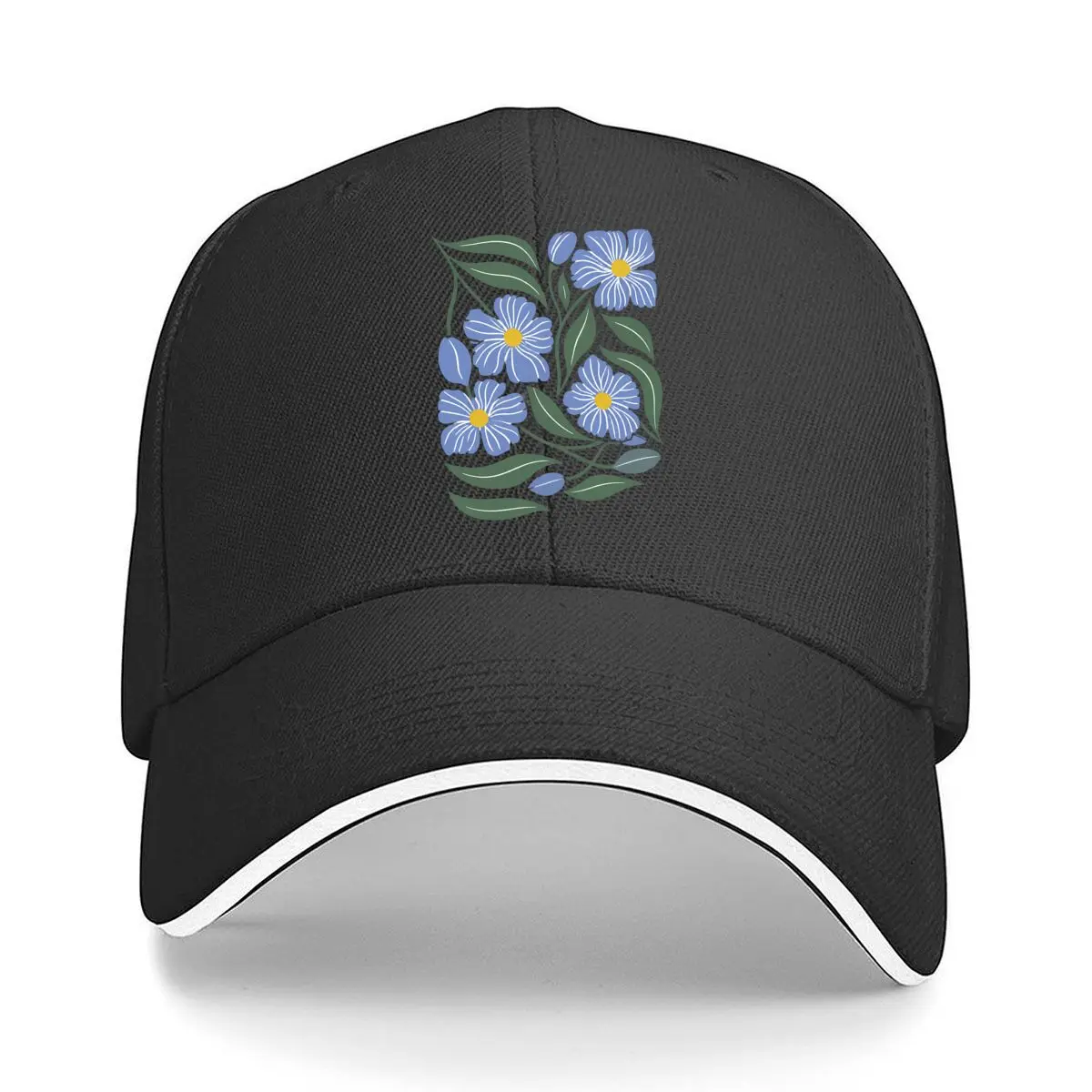 Blue Wildflower Green Leaves Botanical Floral Hip Hop hat Fashion Outdoor Sports Sandwich Baseball Cap