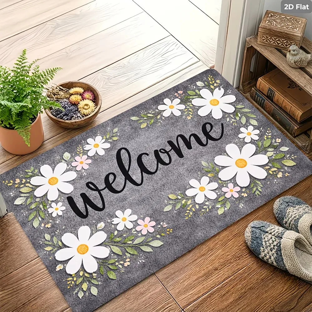 Willkommens-Fußmatte mit Gänseblümchen-Blumenmuster, rutschfester Eingangsteppich für drinnen und draußen, Küchenteppich-Dekoration