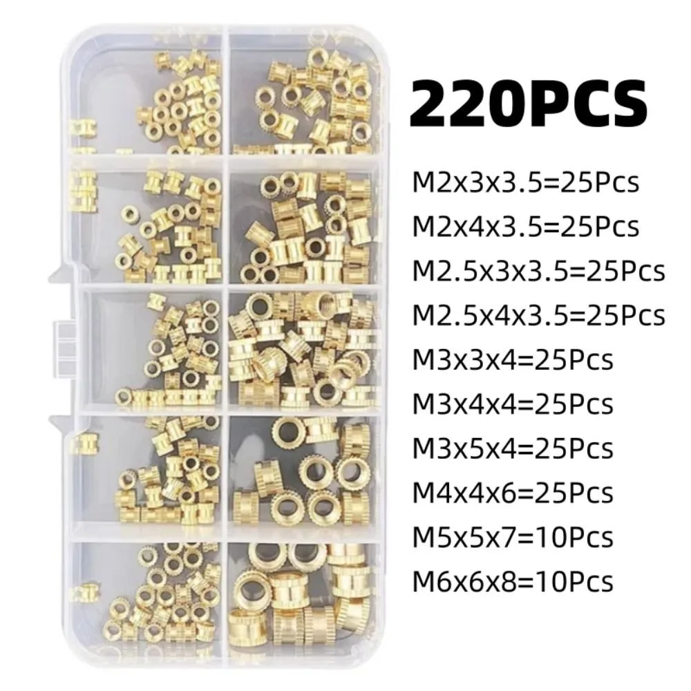 220Pcs M2 M2.5 M3 M4 M5 M6 Brass Heat Set Insert Nuts High Temperature Resistance CNC Machining Knurled Threaded Inserts