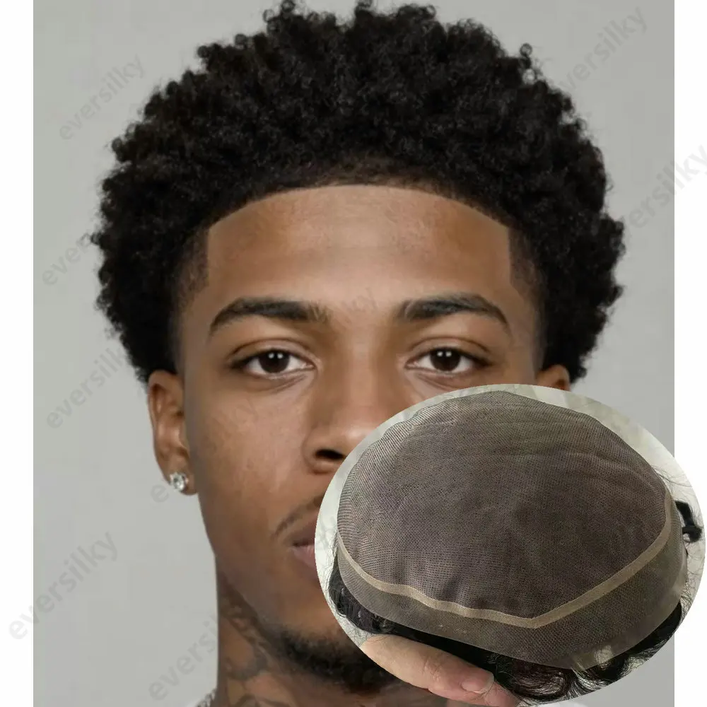 4mm/6mm Kinky Curly Mens Toupee Human Hair Systems Durable Mono Lace pu Base Capillary Prosthesis Male Wigs For Hair Loss Patch