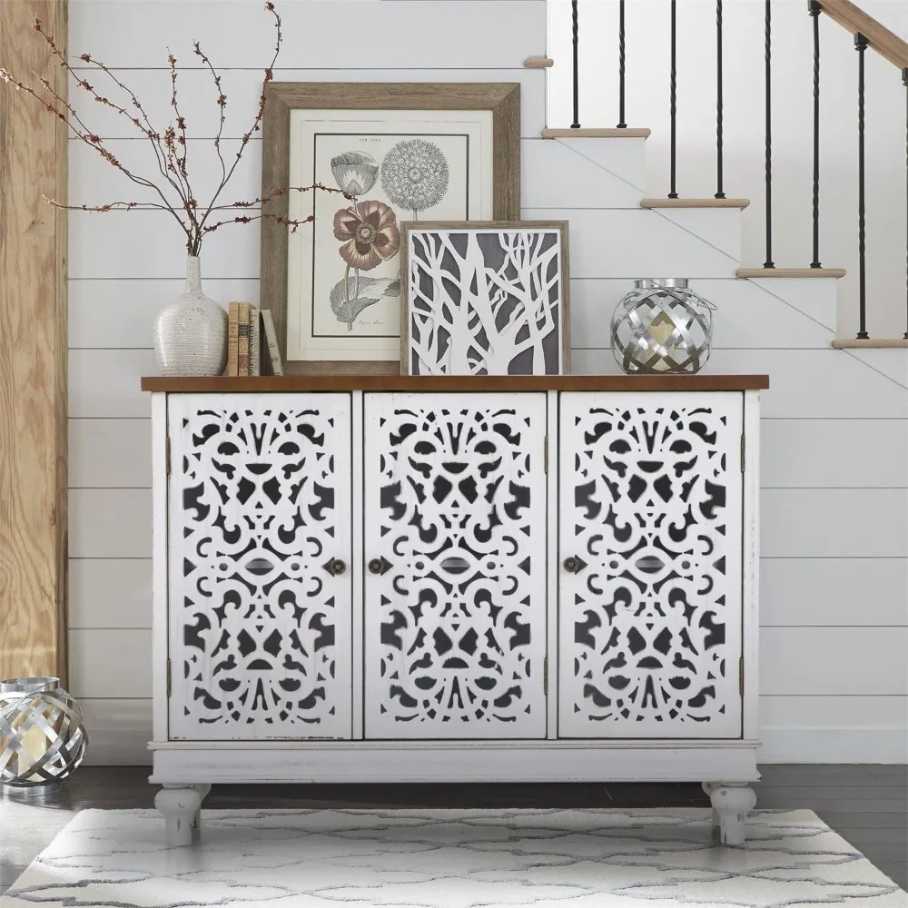 

Stylish Sideboard and Buffet with Storage - 3-Door Hollow-Carved Accent Cabinet in Distressed Wood