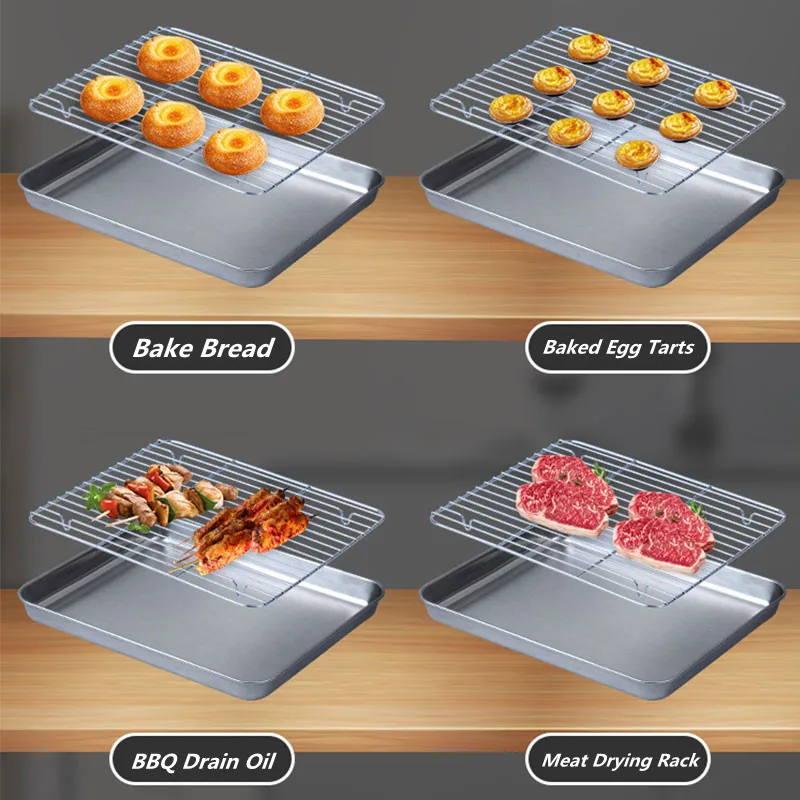 304 Stainless Steel Food Tray With Cooling Rack BBQ Grid Nonstick Cake Pan Outdoor BBQ Tray Fruit Pastry Plates Kitchen Tools