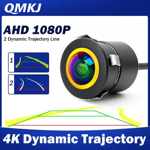QMKJ visión nocturna AHD 1080P trayectoria dinámica inteligente cámara de visión trasera de coche 180 grados con 2 líneas de estacionamiento para Radio MP5 DVD