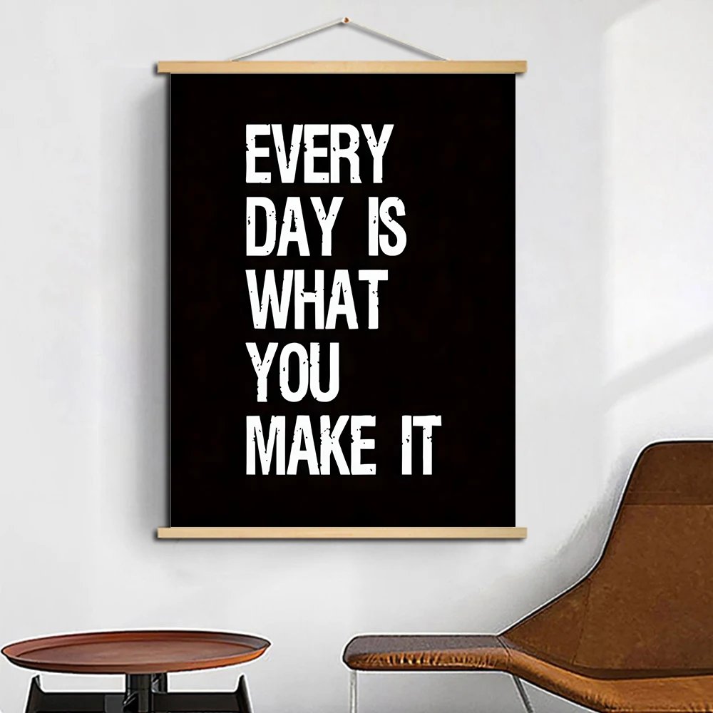 Wood Hanging Scroll Painting Inspirational Quote Wall Art Set Black & White Motivational Posters Bedroom, Gym - Positive Decor