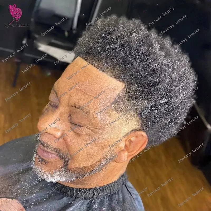 

Мужская система парика 1B10 1B50, прочная тонкая кожа, искусственная основа, афро, черный, серый, 6 мм, плотные вьющиеся индийские человеческие волосы Remy Prost