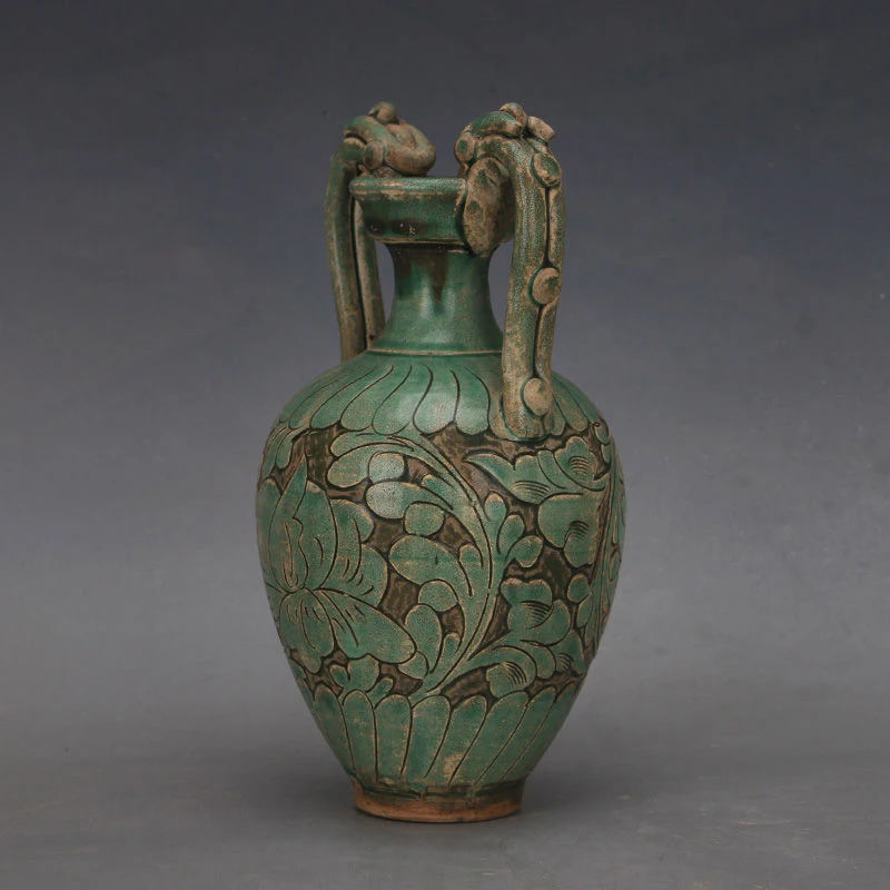 China Song Dynasty Cizhou Kiln Green Glaze Twin Dragon Vase Antique Porcelain Decorative Ornaments