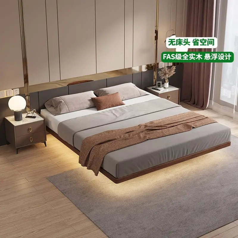 No headboard, solid wood bed, air-pressure, high-box storage bed, floating double bed, tatami bed