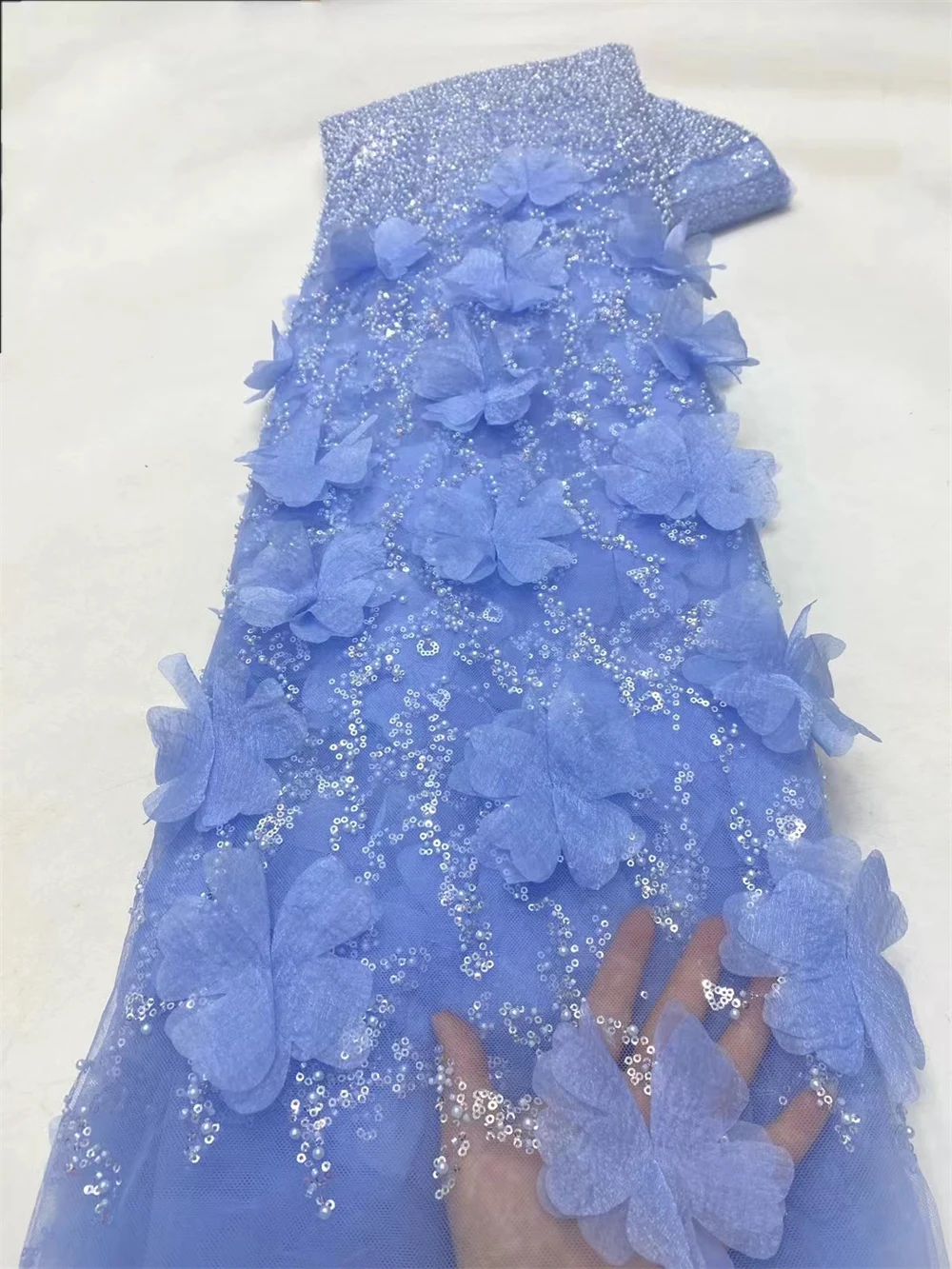 

Blue Luxurious Nigerian Sequins Lace Fabric 2024 High Quality Embroidery Beads African French Lace Fabric For Wedding Dress