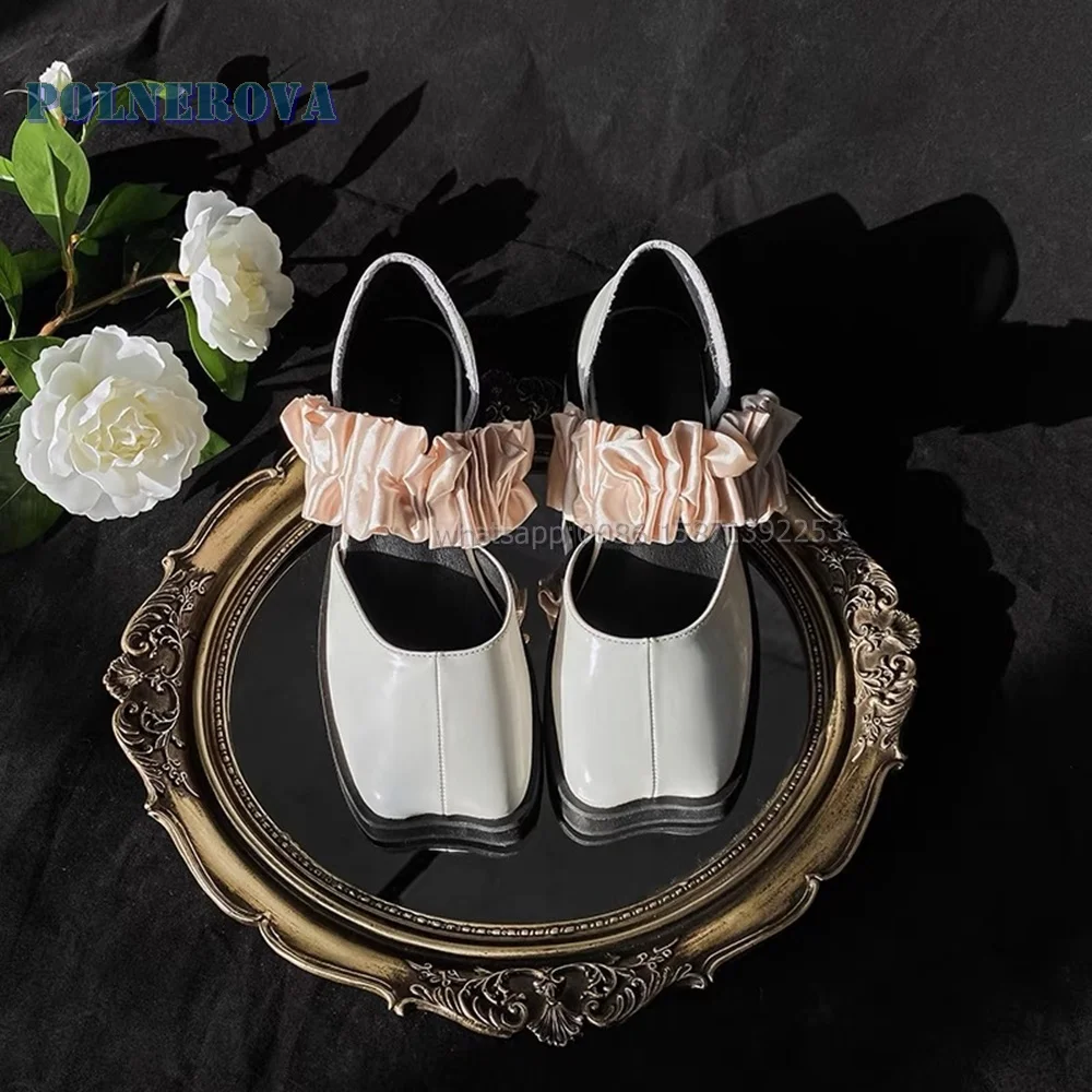 

Pleated Elastic Band Shallow Pumps Bicolor Square Toe Chunky Heels Slip On Mary Janes Retro Straight Strap Casual Shoes 2024 New