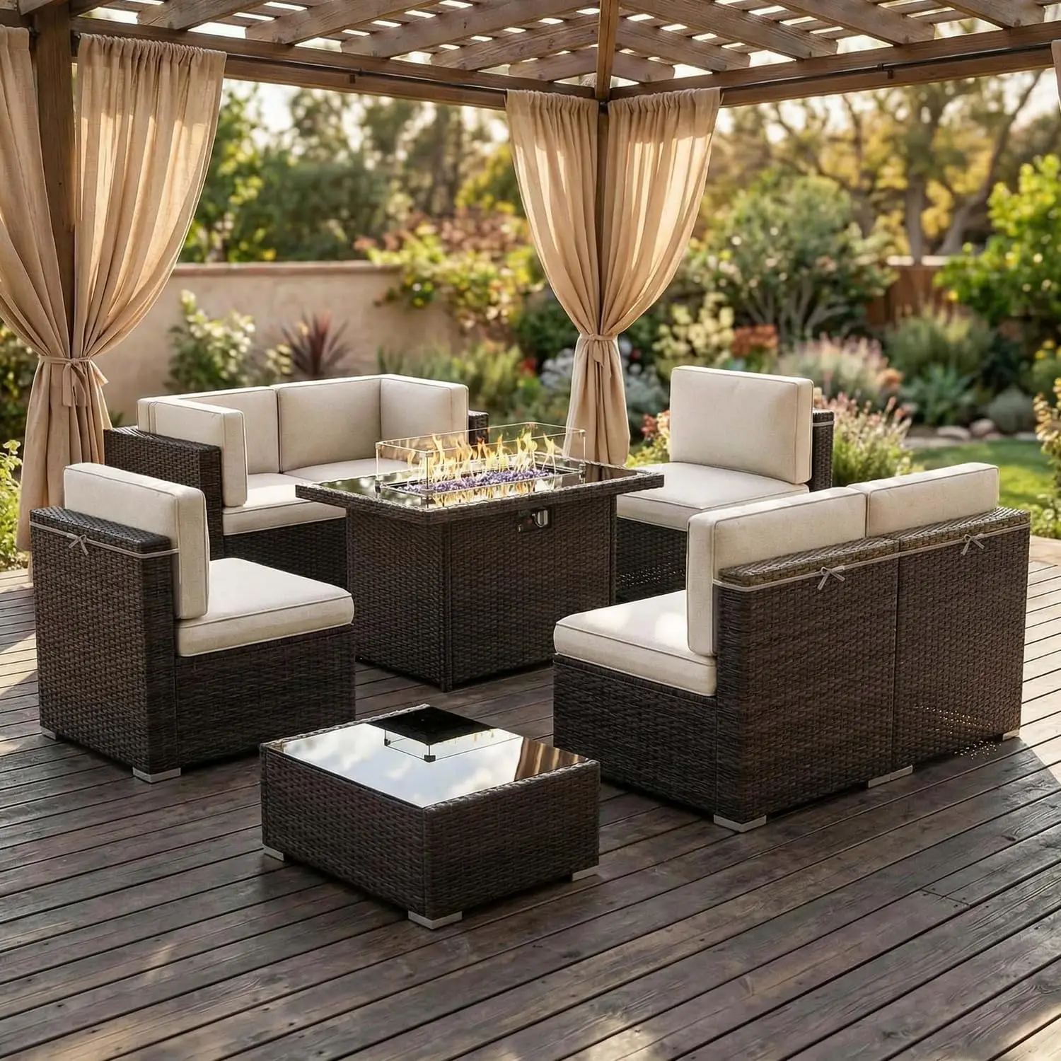 

8pc Patio Set 44" Propane Fire Pit Table Outdoor Sectional Rattan Wicker Sofa Coffee Table, Customized