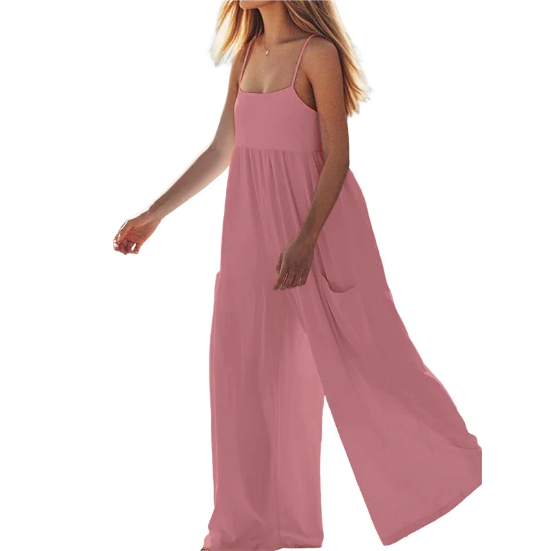 

Jumpsuits For Women Spaghetti Strap Wide Leg Overalls Summer Rompers With Pockets-A55G