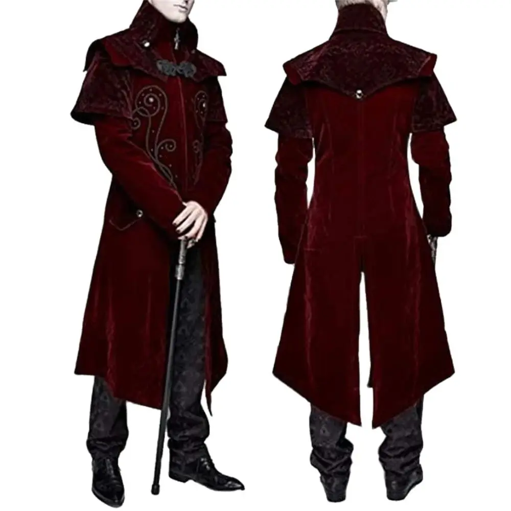 Men's Gothic Medieval Steampunk Castle Vampire Devil Red Coat Cosplay Costume Victorian Luxury Tuxedo Suit Trench Jackets