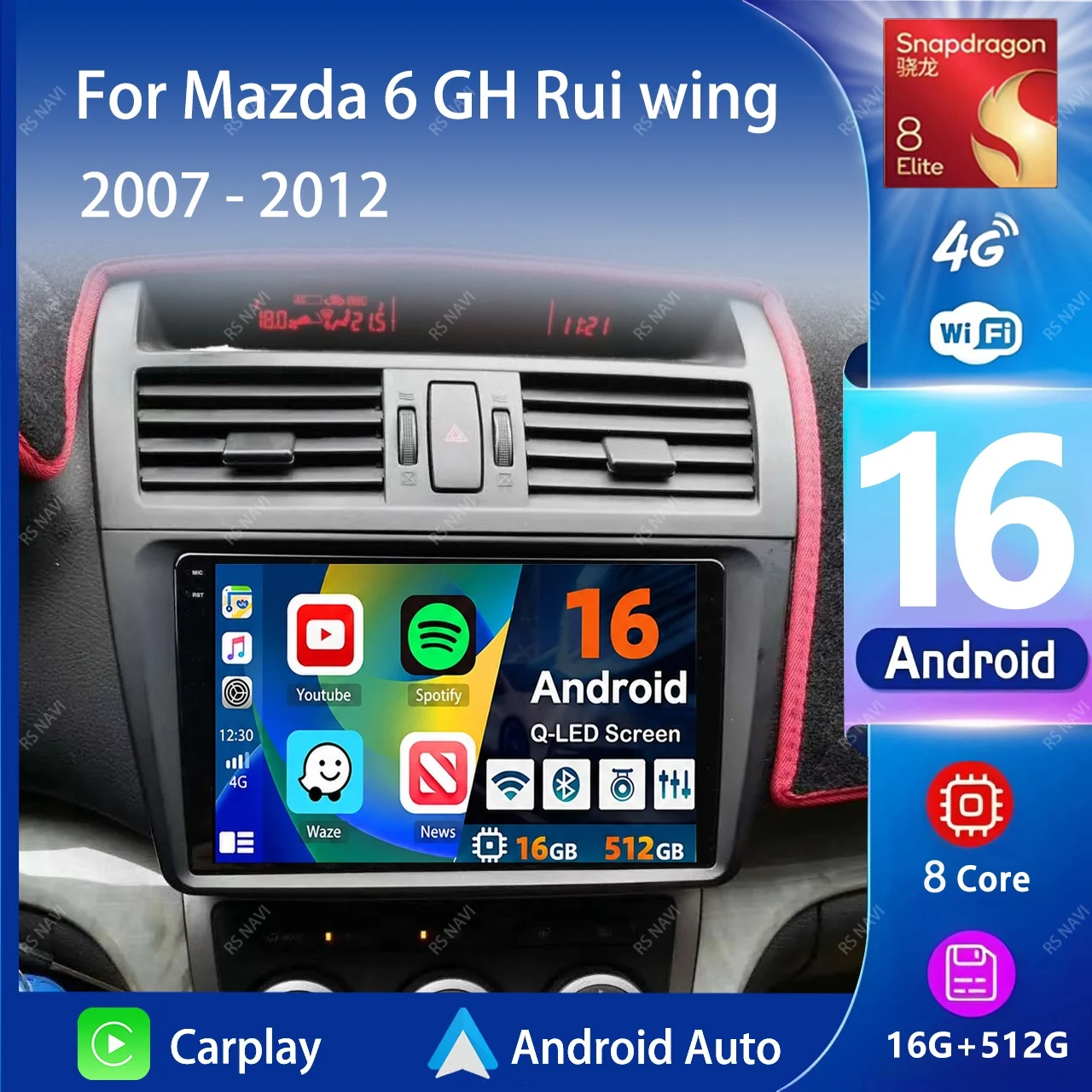 Android 16 Car Radio Navigation Multimedia Player For Mazda 6 GH Rui Wing 2007 - 2012 GPS Video Stereo Carplay Auto 360 Camera