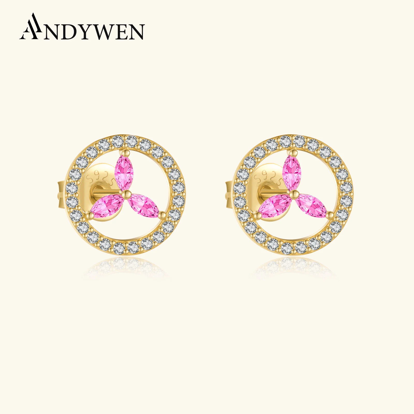 

ANDYWEN 925 Sterling Silver 10mm Circle CZ Pink Three Zircon Love Life Stud Earring 2024 Women Luxury Dainty Trendy Gift Jewelry