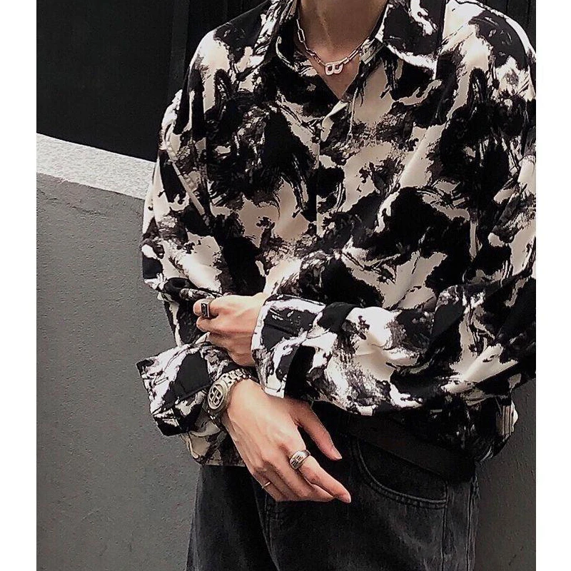 Men Clothing Spring Korean Fashion Vintage Ink Painting High Street Shirt Casual Lapel Long Sleeve Loose Tops Camisas De Hombre