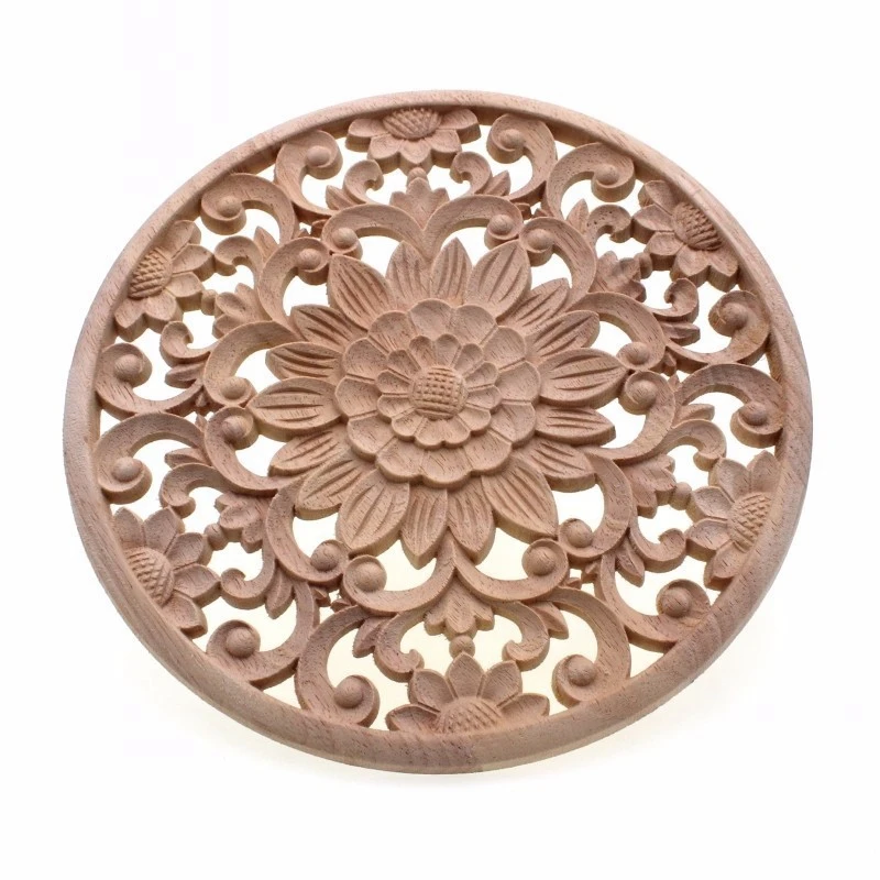 Carved Flower Carving Round Wood Appliques For Furniture Cabinet Unpainted Wooden Mouldings Decal Decorative Figurine