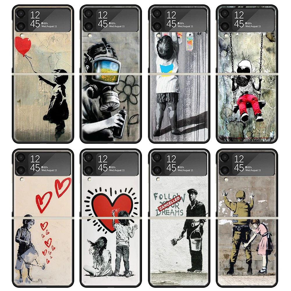 Street Art Banksy Graffiti Case For Samsung Galaxy Z Flip 4 5 3 z Flip5 Flip4 5G Hard Phone Cover Flip3 Split Folding Black Plas