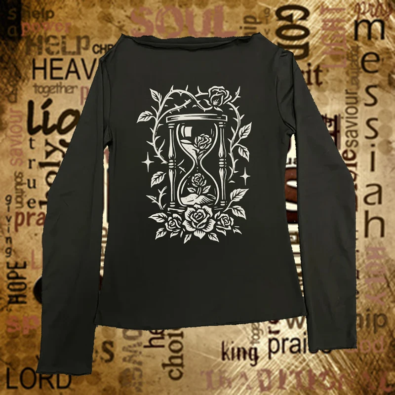 

Y2K Эстетическая футболка высокого качества с длинным рукавом, модная винтажная уличная футболка в стиле хип-хоп, креативный женский топ с узором «песочные часы»