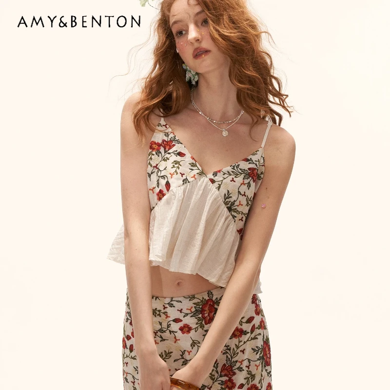 

2026 Summer New Floral Embroidery Ruffle Edge Women's Sling Vests Original Design Sweet Y2k Loose Versatile Skirts Suits Ladies