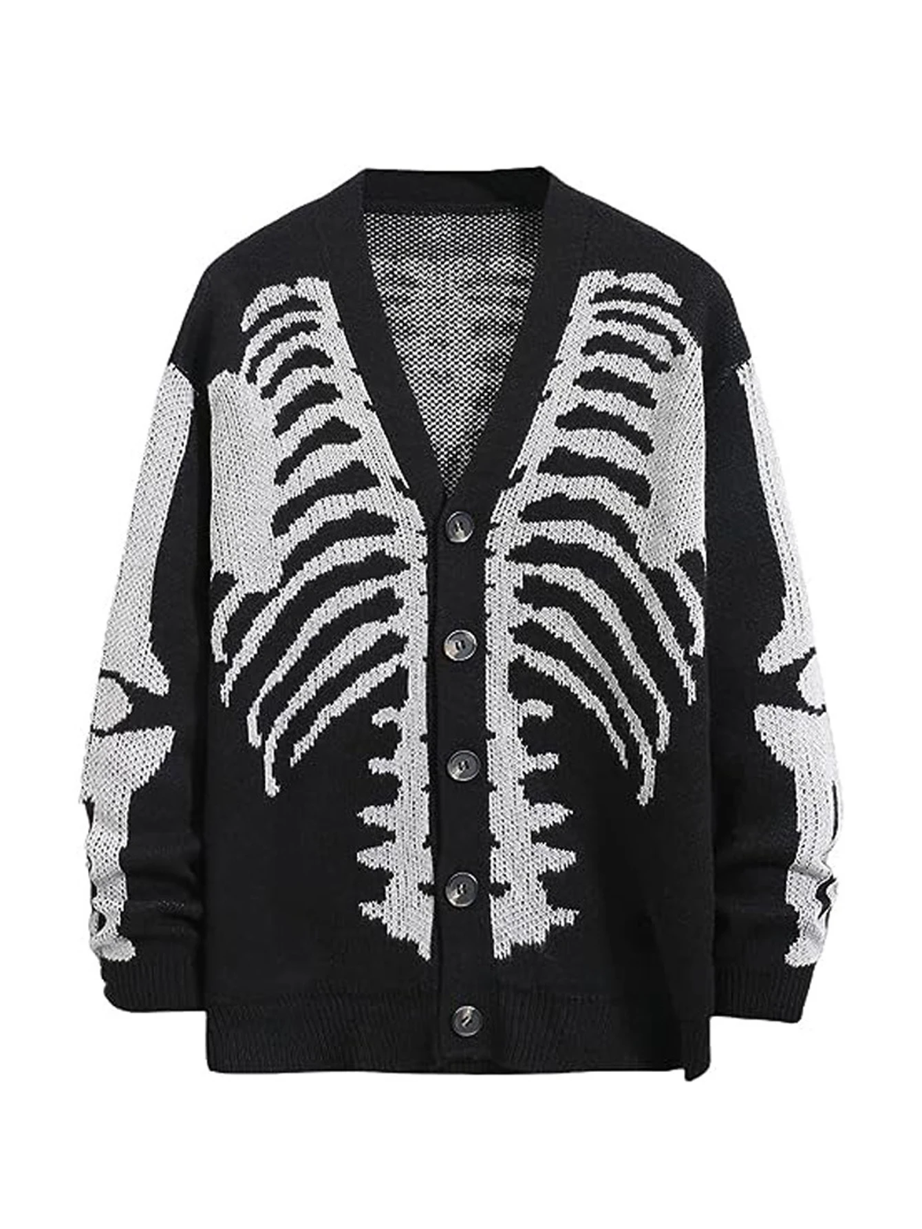 

Unisex Cardigan with V Neck for Halloween, Skeleton Pattern, Button Placket, Long Sleeve Pullover Coats