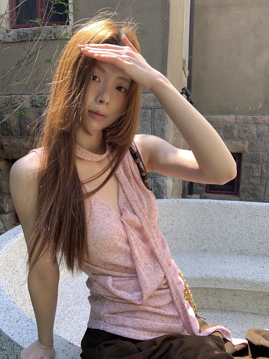 Red Celebri Store Gilet à bretelles pour vêtements d'extérieur d'été pour femmes Svel Ne suspendu haut de gamme rose Colorway Commute Sle Polyeste...