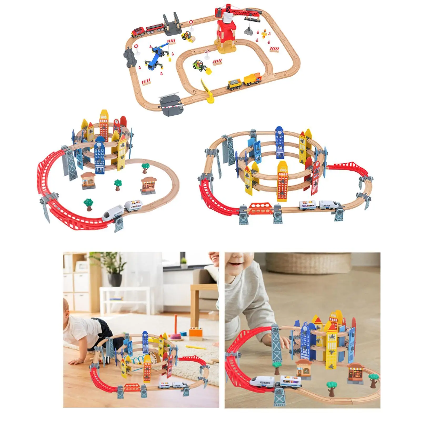 Conjuntos de trem e pista de madeira, brinquedo de viagem, conjunto ferroviário com ponte para idades de 3 + anos, pré-escolar, jardim de infância, crianças, suprimentos para festas