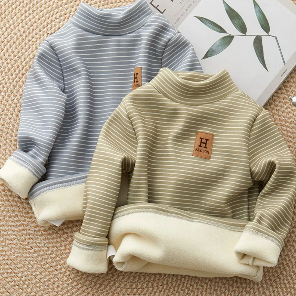 

Children's Velvet Bottom Shirt New Mid to Large Children's Half High Collar Warm Autumn and Winter Baby Top Long Sleeve T-shirt