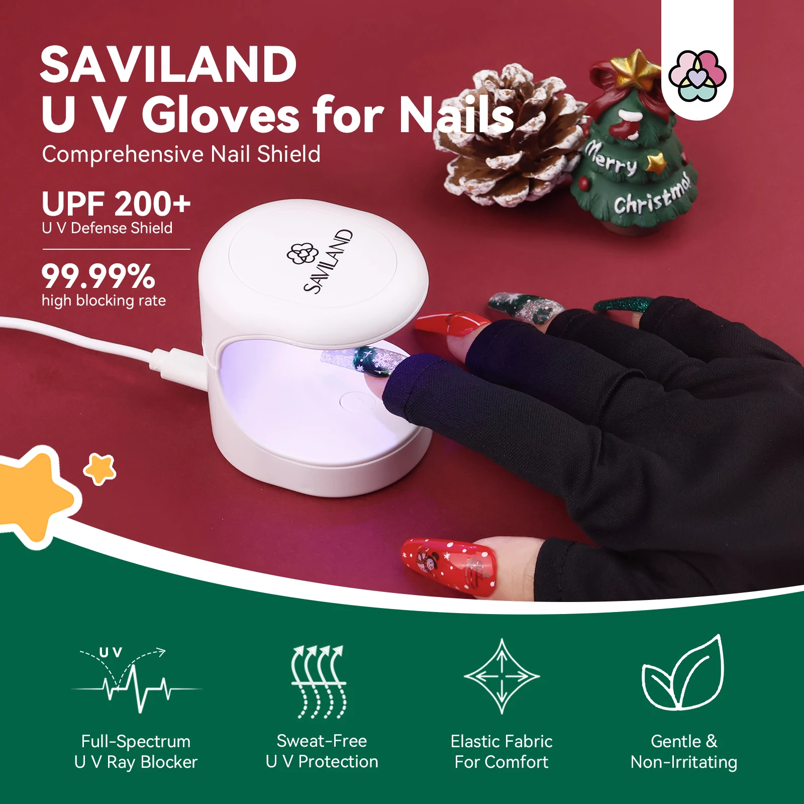 SAVILAND 6 크리스마스 색상 젤 네일 광택제 키트, UV 라이트 베이스 탑 코트, UV 보호 장갑, 네일 젤 선물 매니큐어 키트