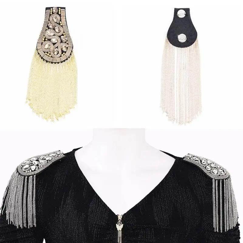D0UB Stylish Rhinestones Shoulder Epaulette Metal Chain Tassels Easy Wear Pin Epaulets Shoulder Badge for Outfit and Jackets