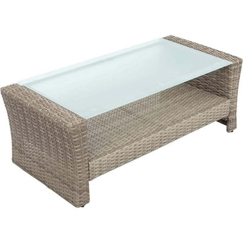 Conjunto de muebles de mimbre para patio, sofá seccional para todo tipo de clima, taburete de pie, cojines y mesa de vidrio con estante