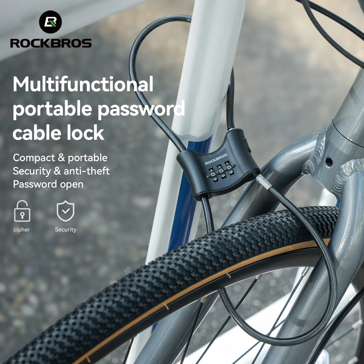 ROCKBROS Tragbares Fahrradschloss, verdicktes Stahlkabel, Multifunktionsschloss, verstellbares 3-stelliges Passwort, Helmschloss, Diebstahlsicherung
