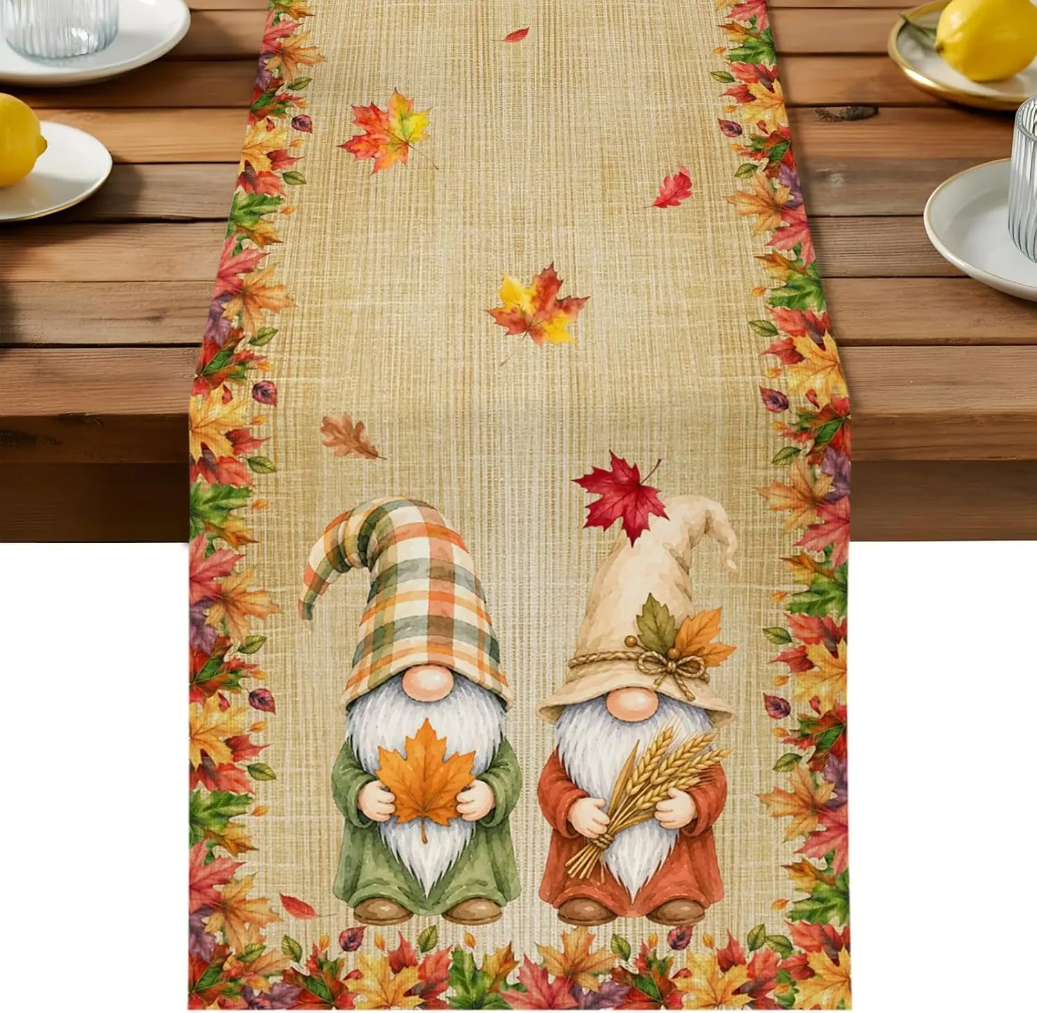 Fall Maple Leaves Gnome Linen Table Runner Holiday Party Decor Reusable Kitchen Dining Table Runner Autumn Decorations