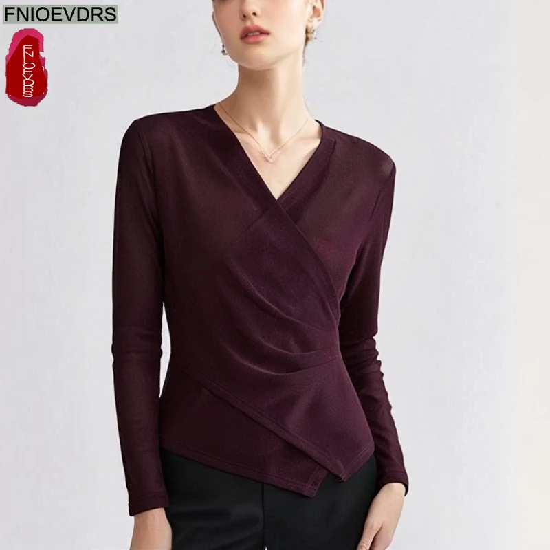 

Black Sheer Mesh Tops Blouses Fashion Woman Autumn Basics Shirts Long Sleeve Retro Vintage Elegant Slim Fitted V Neck Sexy Top