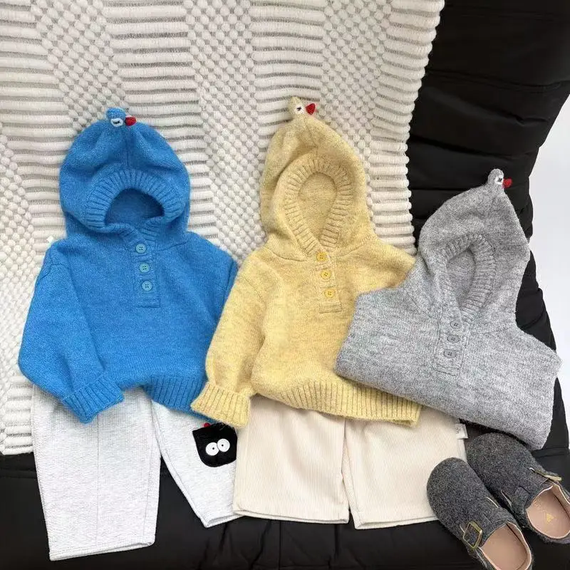 Korean Style Baby Autumn Sweater Cute Cartoon Pointed Hood Knit Jumper Soft Versatile Knitwear For Infant Toddler Kids