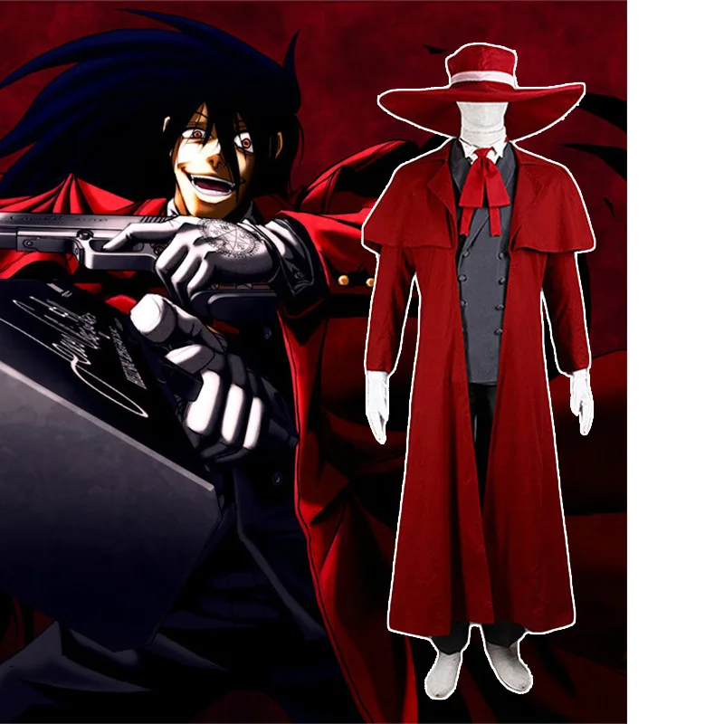 Disfraces de Cosplay de Anime Hellsing Alucard para hombres y mujeres, abrigo largo rojo, sombrero, guantes, accesorios, gafas, conjuntos de uniformes, ropa para Halloween