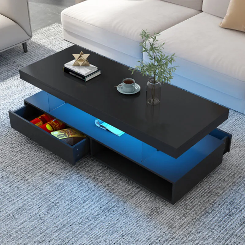 LED Coffee Table with Storage, Modern Center Table with 2 Drawers and Display Shelves, Accent Furniture with LED Lights,Black