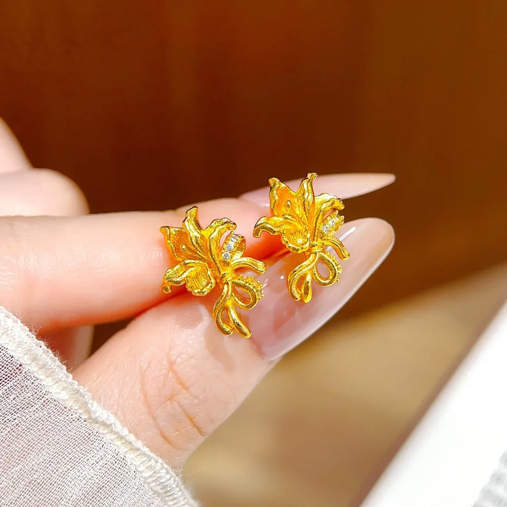 Brushed point diamond iris earrings light luxury niche design 9999gold