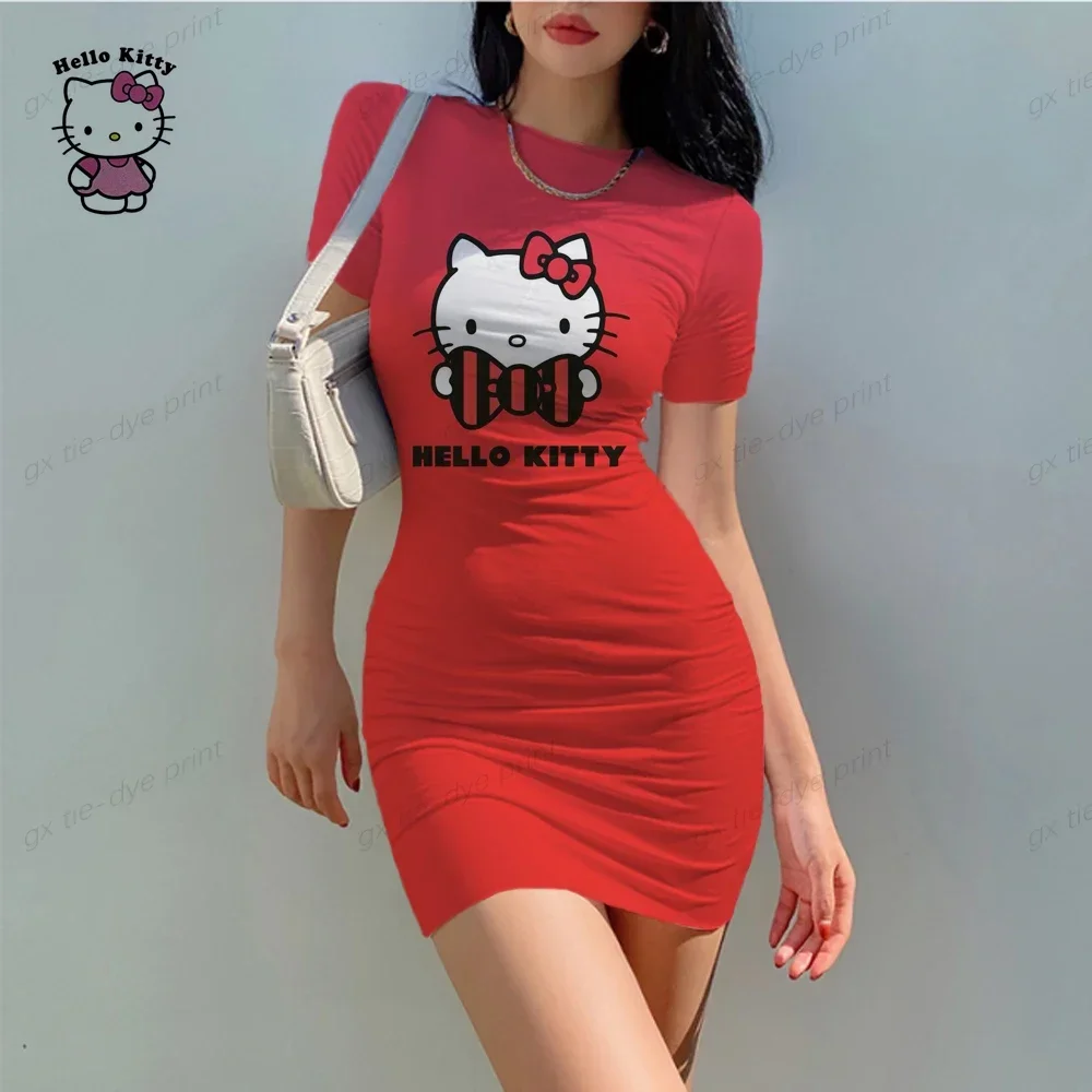 

Hello Kitty Female Summer Y2K Office Lady Pencil Slim Package Hip Short Sleeve Bodycon Cartoon Dress for Women Cute Vestidos