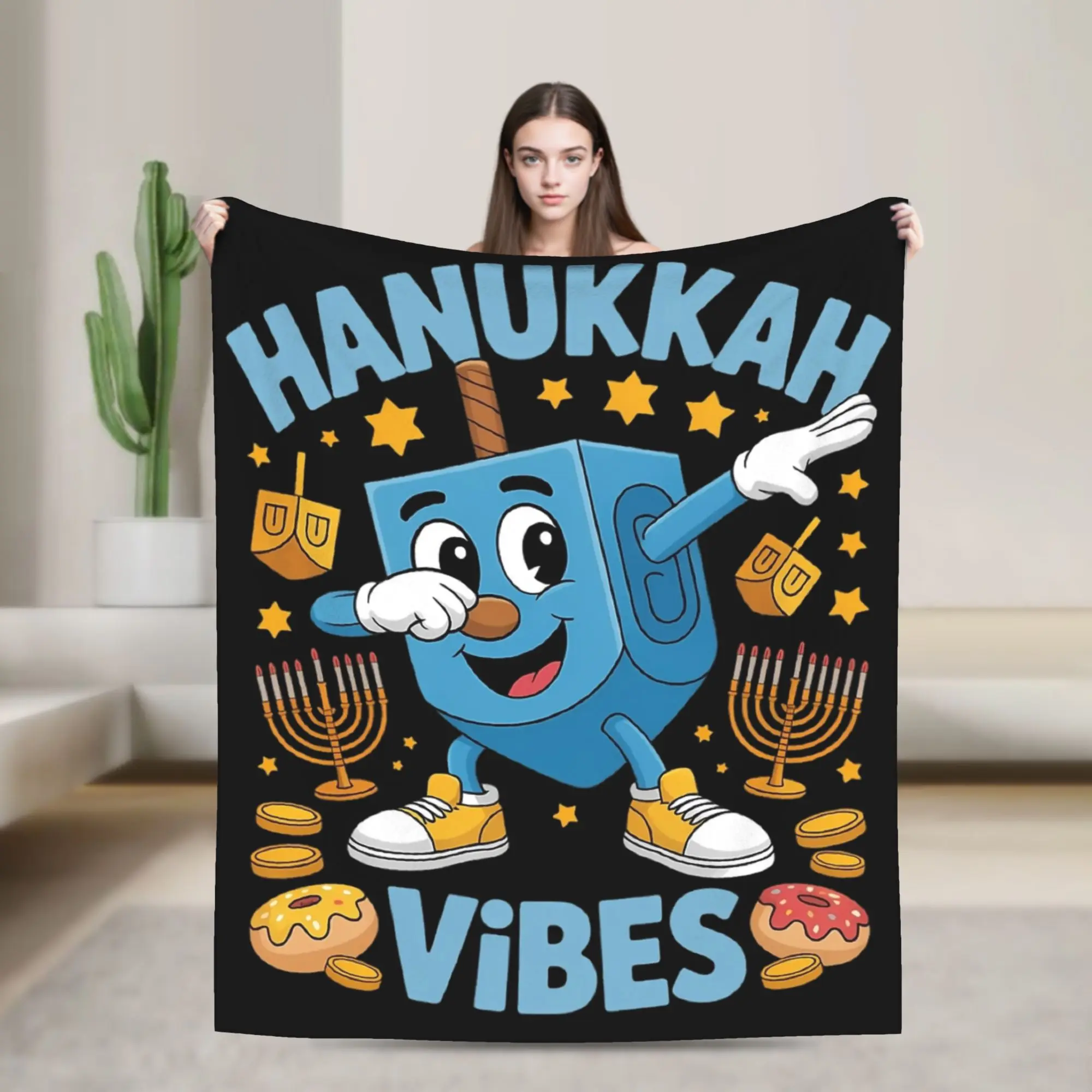 Hanukkah Menorah Chanukah Wool Blanket Funny Dreidel Dabbing  Awesome Throw Blankets for Home Hotel Sofa  150*125cm Quilt