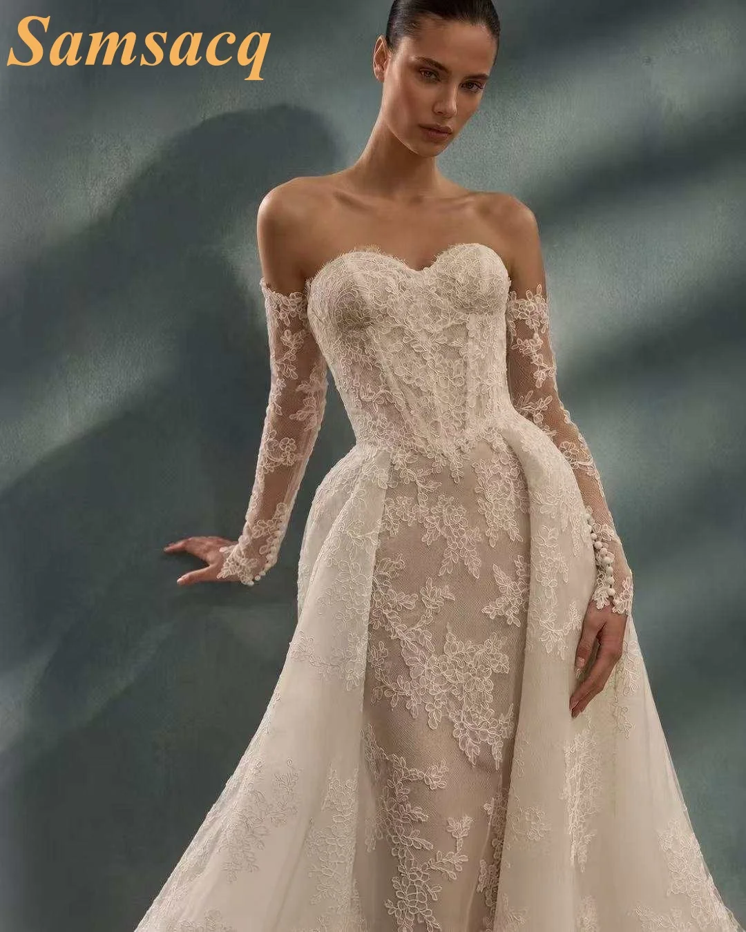 Customize Made Beauty Lace Fitted Beaded 2 In 1 Mermaid Wedding Gowns Trumpet Removable Train Bridal Gowns