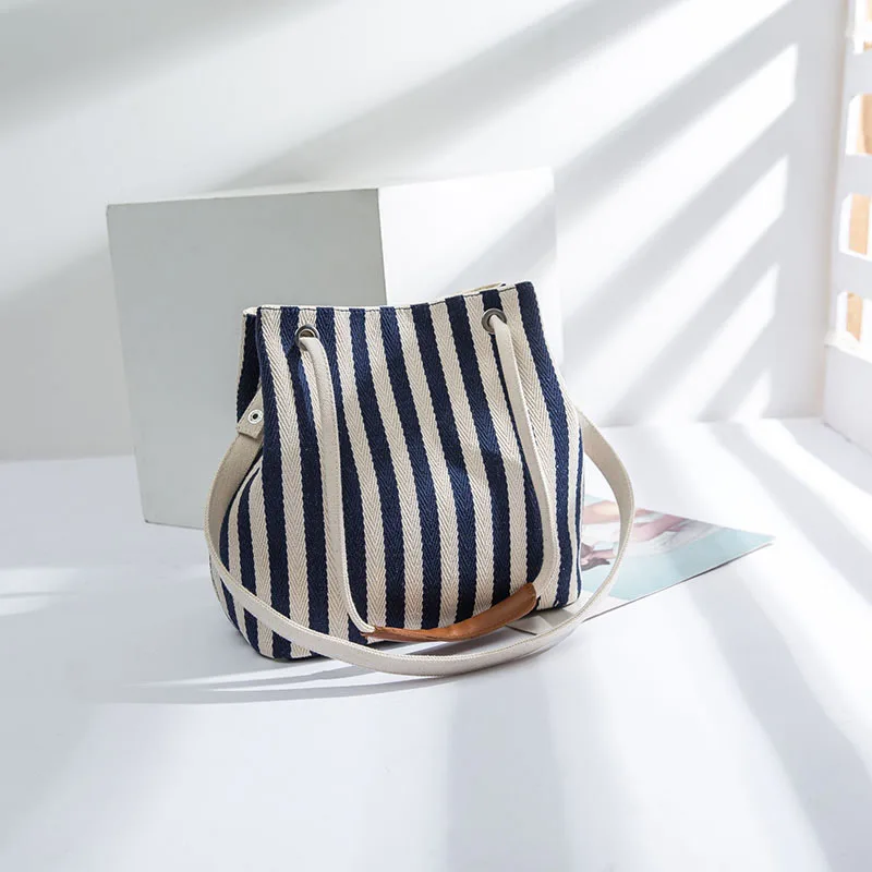 

Trendy Korean Canvas Buet Bag Striped Multi-Use Single oulder Crossbody Handbag for Women Casual Leisure Handbag